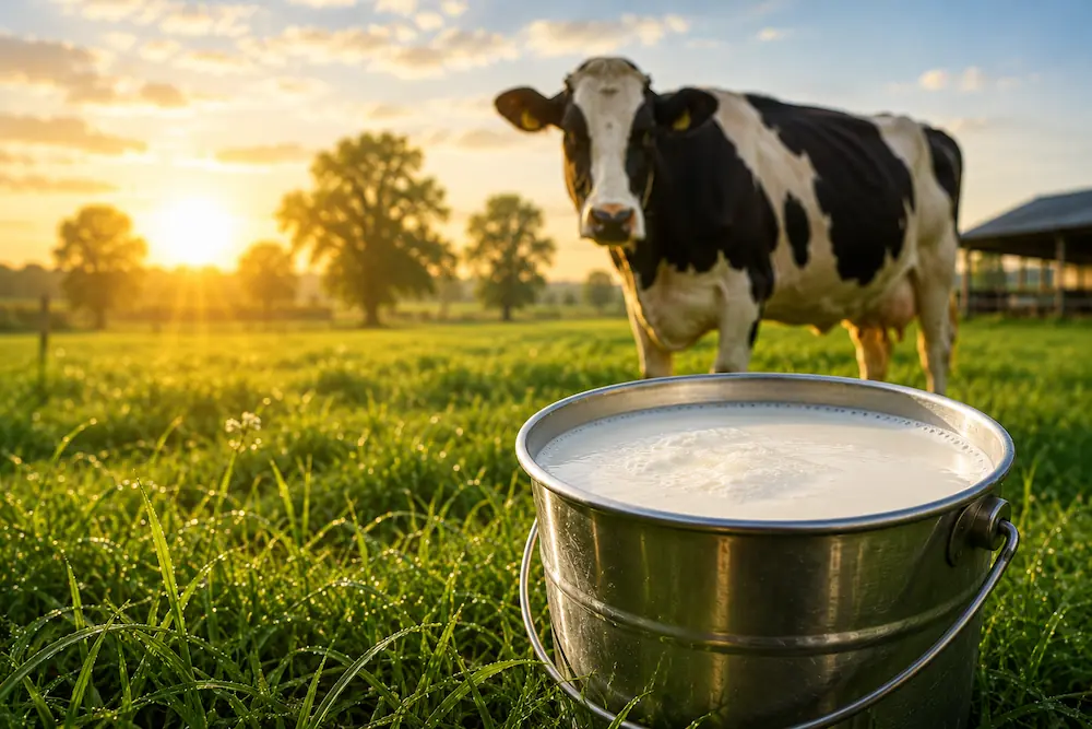 Fresh milk bucket with cow in green farm at sunrise